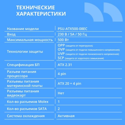 Блок питания CBR ATX 500W, 8cm fan, 24pin/1*4pin/1*IDE/2*SATA, кабель питания 1.2м, черный PSU-ATX500-08EC OEM Блок питания CBR ATX 500W, 8cm fan, 24pin/1*4pin/1*IDE/2*SATA, кабель питания 1.2м, черный PSU-ATX500-08EC OEM