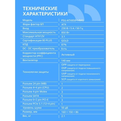 Блок питания CBR ATX 850W 80+ Gold, Full Modular, DC-DC, APFC, 24pin, 1*PCIE5.1(12+4pin), 2*8-pin(4+4P), 3*6+2pin, 5*SATA, 3*IDE, 14cm fan, 1.5м кабель питания, черный PSU-ATX850-14MG BOX Блок питания CBR ATX 850W 80+ Gold, Full Modular, DC-DC, APFC, 24pin, 1*PCIE5.1(12+4pin), 2*8-pin(4+4P), 3*6+2pin, 5*SATA, 3*IDE, 14cm fan, 1.5м кабель питания, черный PSU-ATX850-14MG BOX