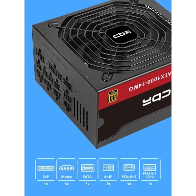 Блок питания CBR ATX 1000W 80+ Gold, Full Modular, DC-DC, APFC, 24pin, 1*PCIE5.1(12+4pin), 2*8-pin(4+4P), 3*6+2pin, 3*SATA, 5*IDE, 14cm fan, 1.5м кабель питания, черный PSU-ATX1000-14MG BOX Блок питания CBR ATX 1000W 80+ Gold, Full Modular, DC-DC, APFC, 24pin, 1*PCIE5.1(12+4pin), 2*8-pin(4+4P), 3*6+2pin, 3*SATA, 5*IDE, 14cm fan, 1.5м кабель питания, черный PSU-ATX1000-14MG BOX