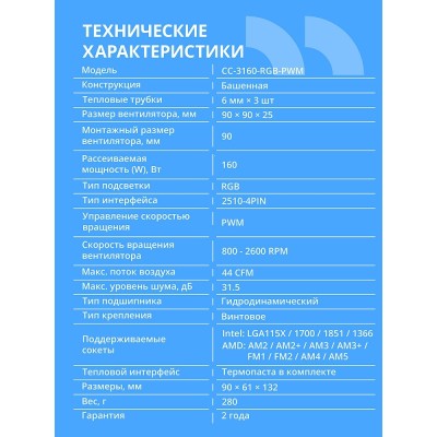 Охлаждающие системы CBR CBR-CC-3160-RGB-PWM Кулер для процессора, Al+Cu, 3 heat pipes, Socket 775/1366/1155/1156/1150/1151/1200/1700/AM2/АМ2+/АМ3/AM3+/FM1/FM2/AM4/AM5, TDP 160W, 90mm Fan, 2600RPM, HB, RGB, PWM, 32db Охлаждающие системы CBR CBR-CC-3160-RGB-PWM Кулер для процессора, Al+Cu, 3 heat pipes, Socket 775/1366/1155/1156/1150/1151/1200/1700/AM2/АМ2+/АМ3/AM3+/FM1/FM2/AM4/AM5, TDP 160W, 90mm Fan, 2600RPM, HB, RGB, PWM, 32db