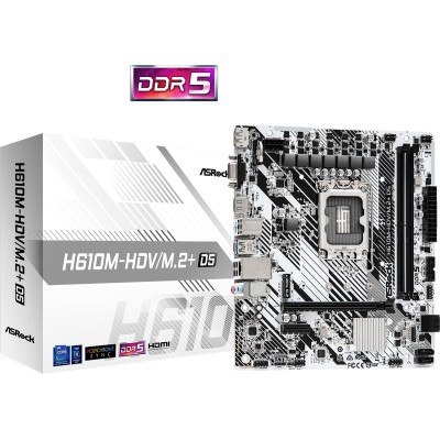 Материнская плата Asrock H610M-HDV/M.2+ D5 Soc-1700 Intel H610 2xDDR5 mATX AC`97 8ch(7.1) GbLAN+VGA+HDMI+DP Материнская плата Asrock H610M-HDV/M.2+ D5 Soc-1700 Intel H610 2xDDR5 mATX AC`97 8ch(7.1) GbLAN+VGA+HDMI+DP