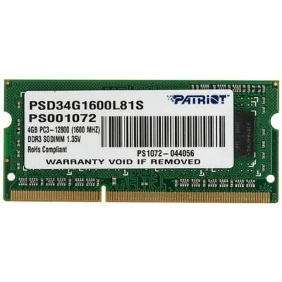 Модуль памяти Patriot DDR3 SODIMM 4GB PSD34G1600L81S (PC3-12800, 1600MHz, 1.35V) Модуль памяти Patriot DDR3 SODIMM 4GB PSD34G1600L81S (PC3-12800, 1600MHz, 1.35V)