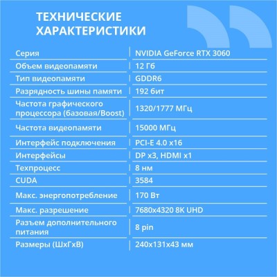 Видеокарта CBR RTX3060 12Gb GDDR6, 192bit, 3*DP + 1*HDMI 2.1, 170W, Ret VGA-STX3060-12G-RTL Видеокарта CBR RTX3060 12Gb GDDR6, 192bit, 3*DP + 1*HDMI 2.1, 170W, Ret VGA-STX3060-12G-RTL